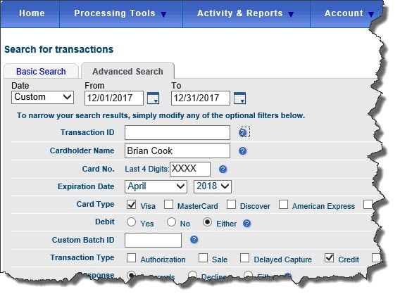 You can define advanced searches in the Intuit Merchant Service Center.